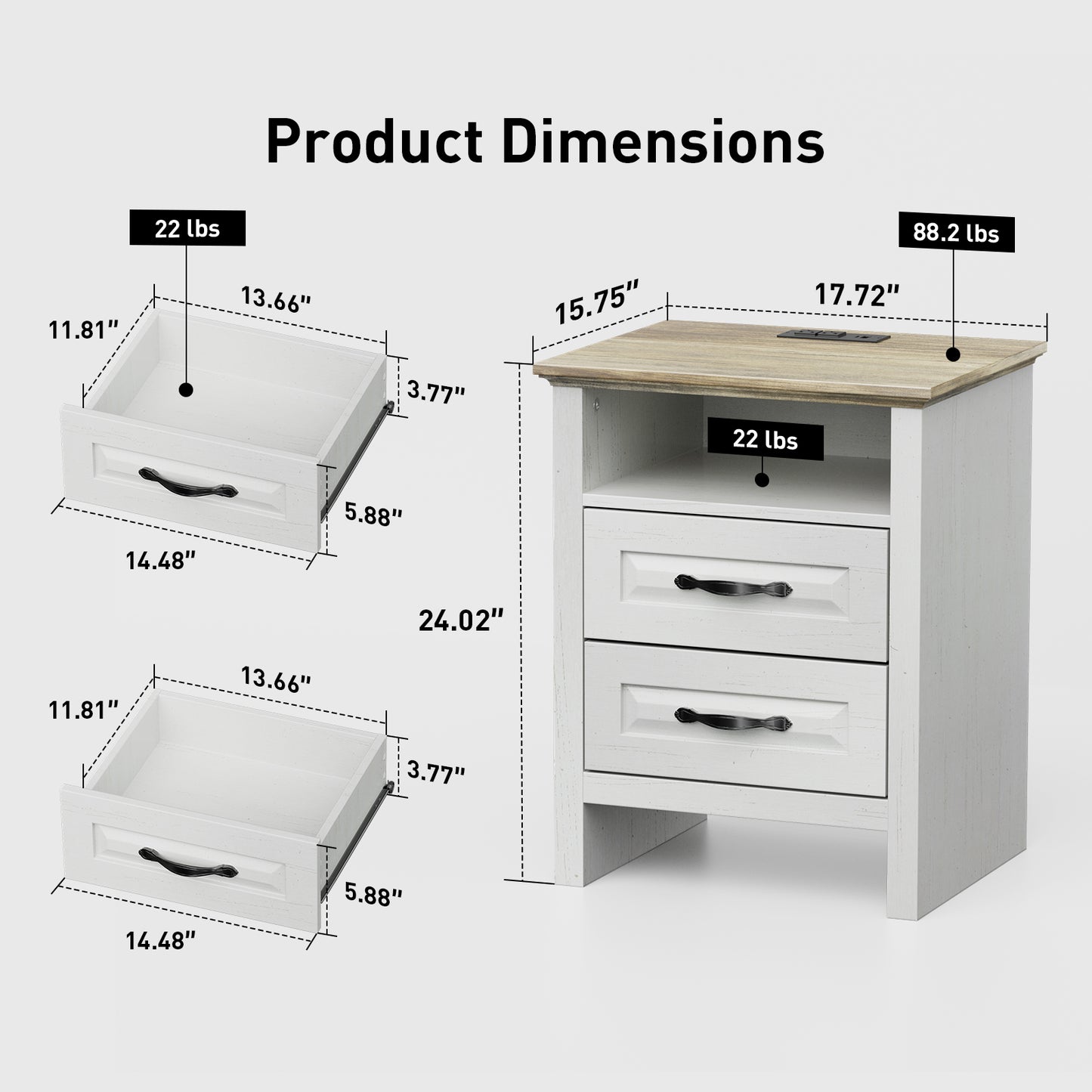 CHITOOMA 2-Drawer Nightstand with Charging Station, Wood Bedside Table with Open Shelf, Small End Table for Bedroom Living Room, White & Brown