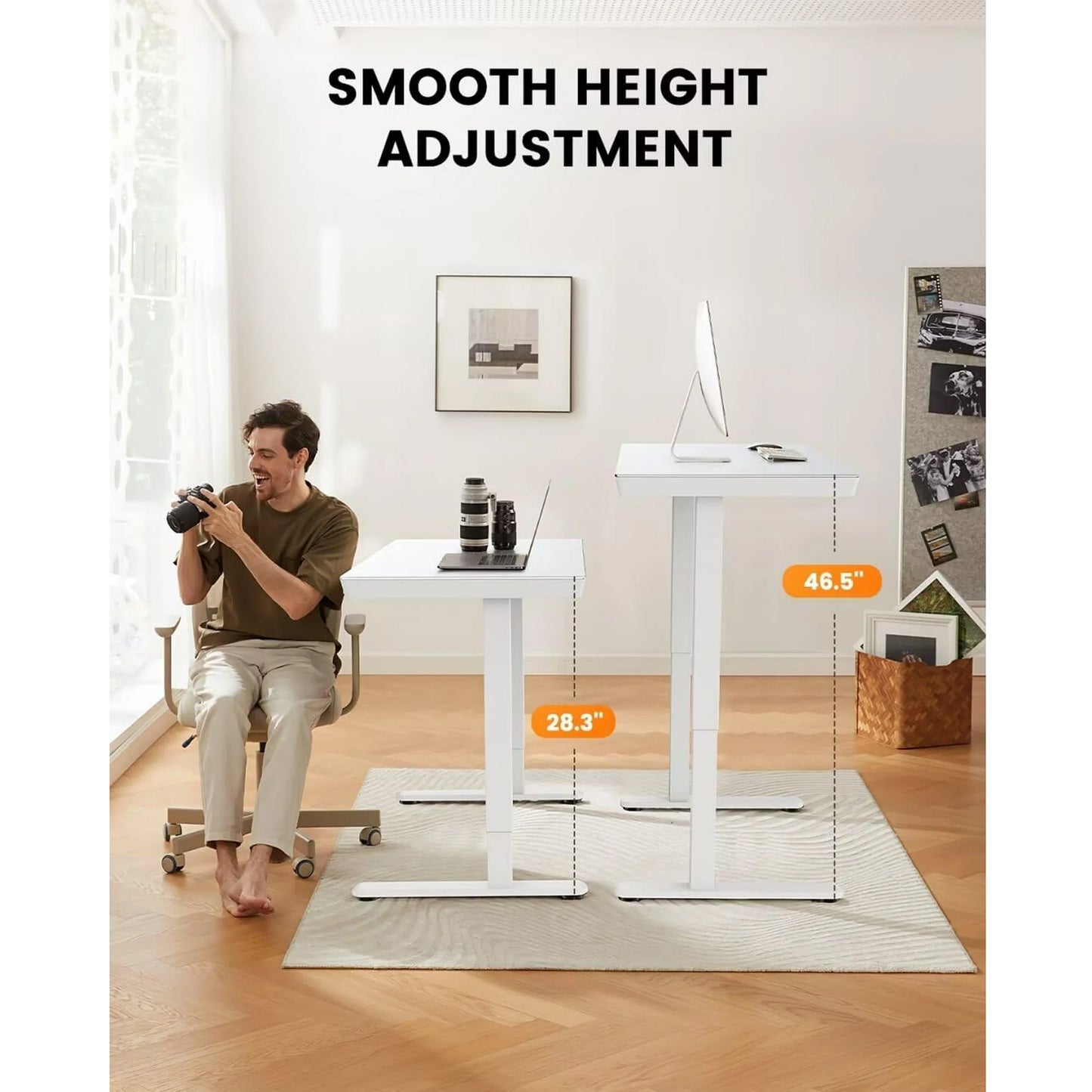 CHITOOMA Electric Standing Desk with Drawer, One Piece Tabletop 48" x 24" Height Adjustable Office Desk with USB Charging Ports, Sit to Stand Desk for Home, White