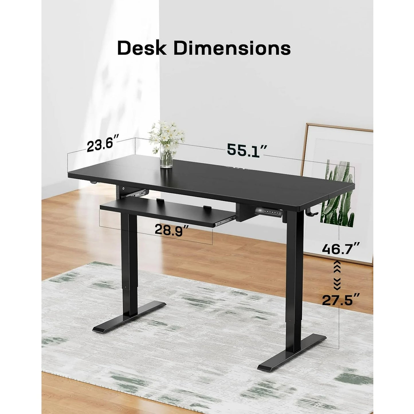 55" x 24" Electric Standing Desk with Keyboard Tray, Height Adjustable Sit Stand up Desk with Headphone Hook & 4 Height Memory Pre-Set for Home Office, Black