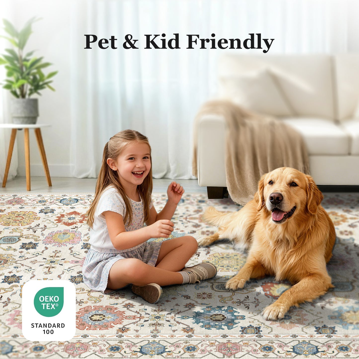 CHITOOMA 9'x12' Area Rugs for Living Room, Boho Machine Washable Stain Resistant Non-Shed Carpet, Floral Area Rug with Non-Slip Backing for Bedroom, Dining Room, Dorm, Office