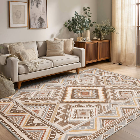 CHITOOMA 5'x7' Area Rugs for Living Room, Washable Boho Moroccan Rug Soft Vintage Distressed Geometric Tribal Area Rug for Bedroom Dining Room Office with Non-Slip Backing, Stain Resistant Non-Shed
