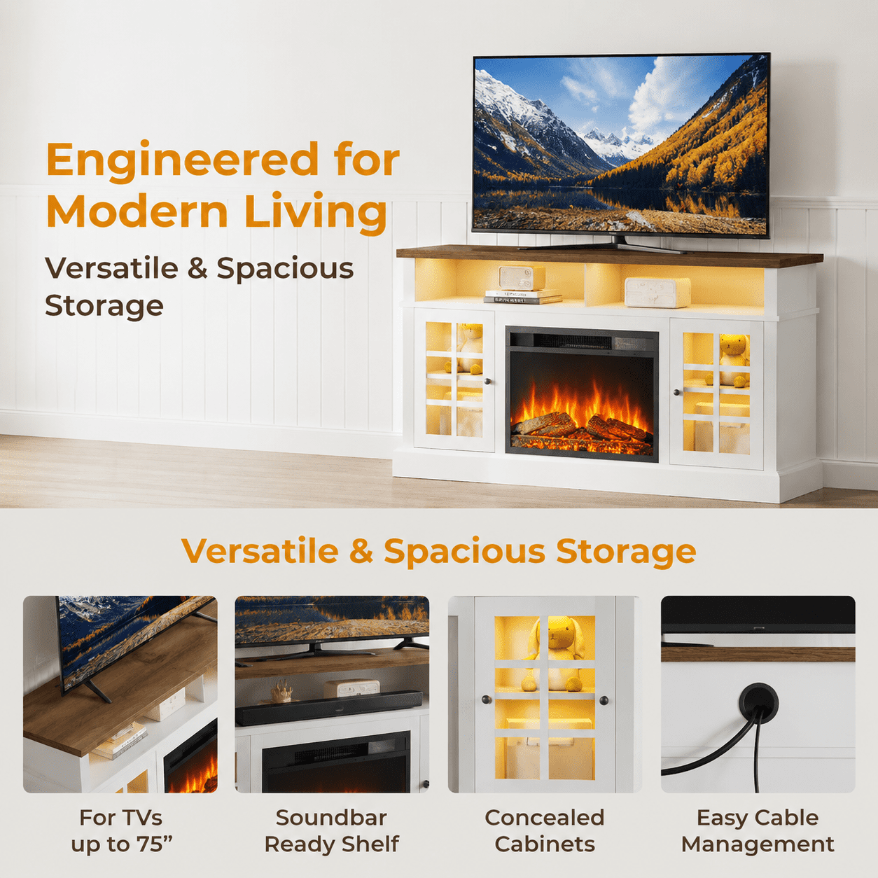 CHITOOMA Fireplace TV Stand with LED Light for up to 70 inch TV, White