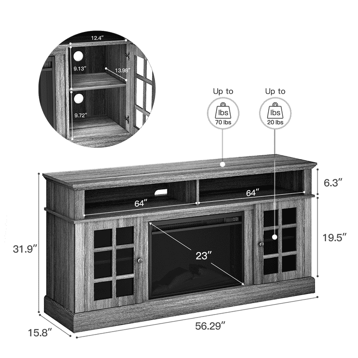 CHITOOMA 1400W Electric Fireplace TV Stand TV Console with 23″ Fireplace for up to 75 inch TVs with Adjustable Shelves,Grey