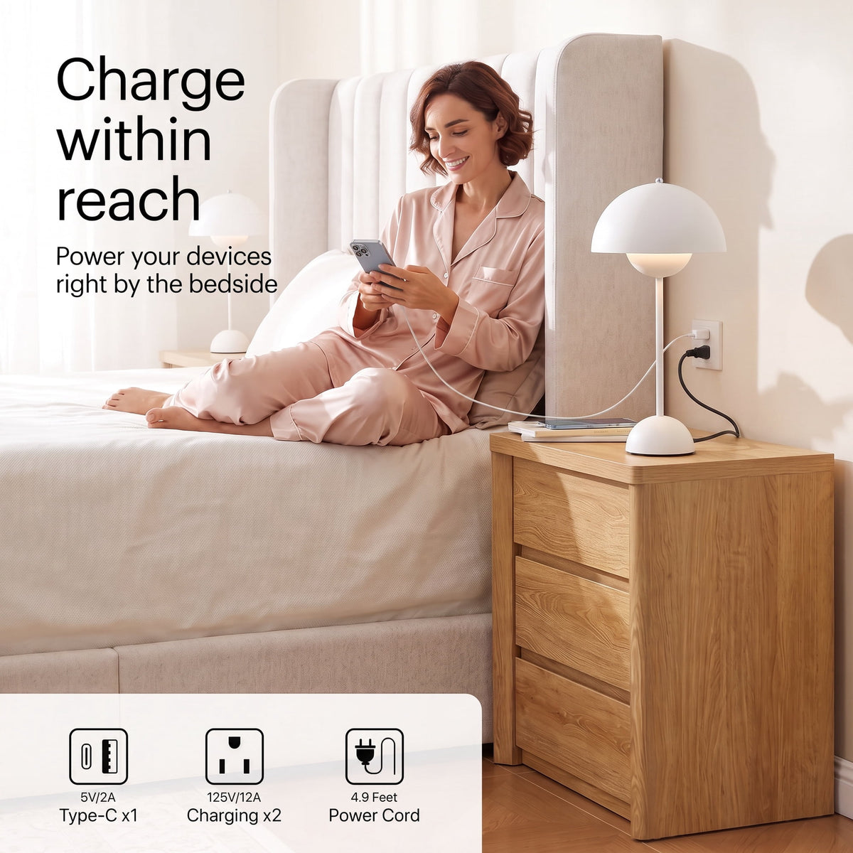 CHIYOOMA Farmhouse Nightstand with 3 Drawers,Wood Bedside Table Night Stand with Charging Station, Sofa Side End Table for Bedroom, Living Room,Natural