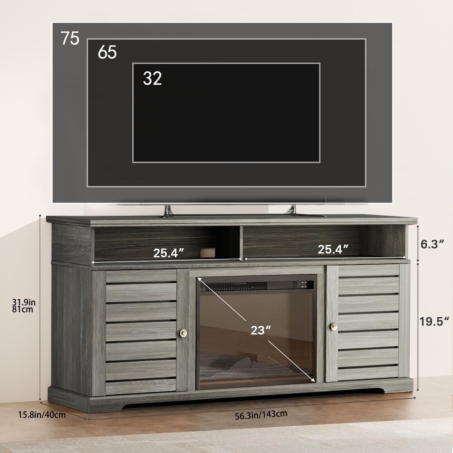 Electric Fireplace TV Stand up to 75" TVs, Farmhouse Entertainment Center wiht 23" Fireplace for Living Room, Gray