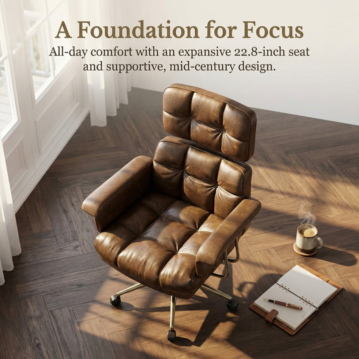 BESTERGO Ergonomic Executive Office Chair with PU Leather Upholstery, Adjustable Lumbar Support, Thick Cushion, 300 lbs Capacity, Mid Century Modern Desk Chair for Home Office, Brown