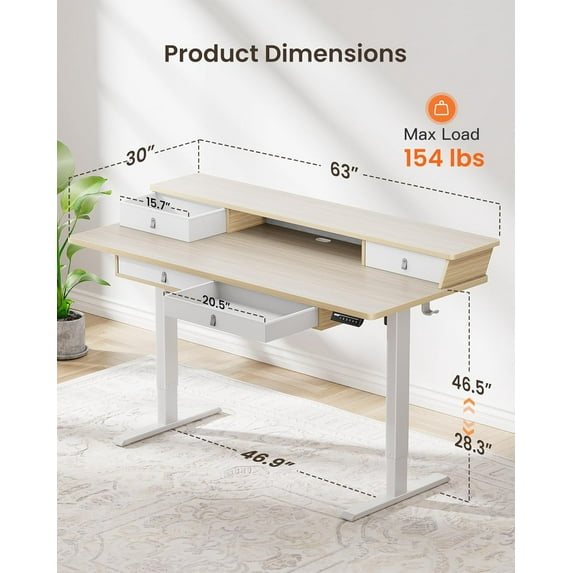 CHITOOMA 63″ x 30″ Standing Desk with Drawers, Electric Height Adjustable Sit Stand Desk with Storage Shelf, 4 Memory Preset Computer Desk with Cable Management Tray for Home Office, Oak
