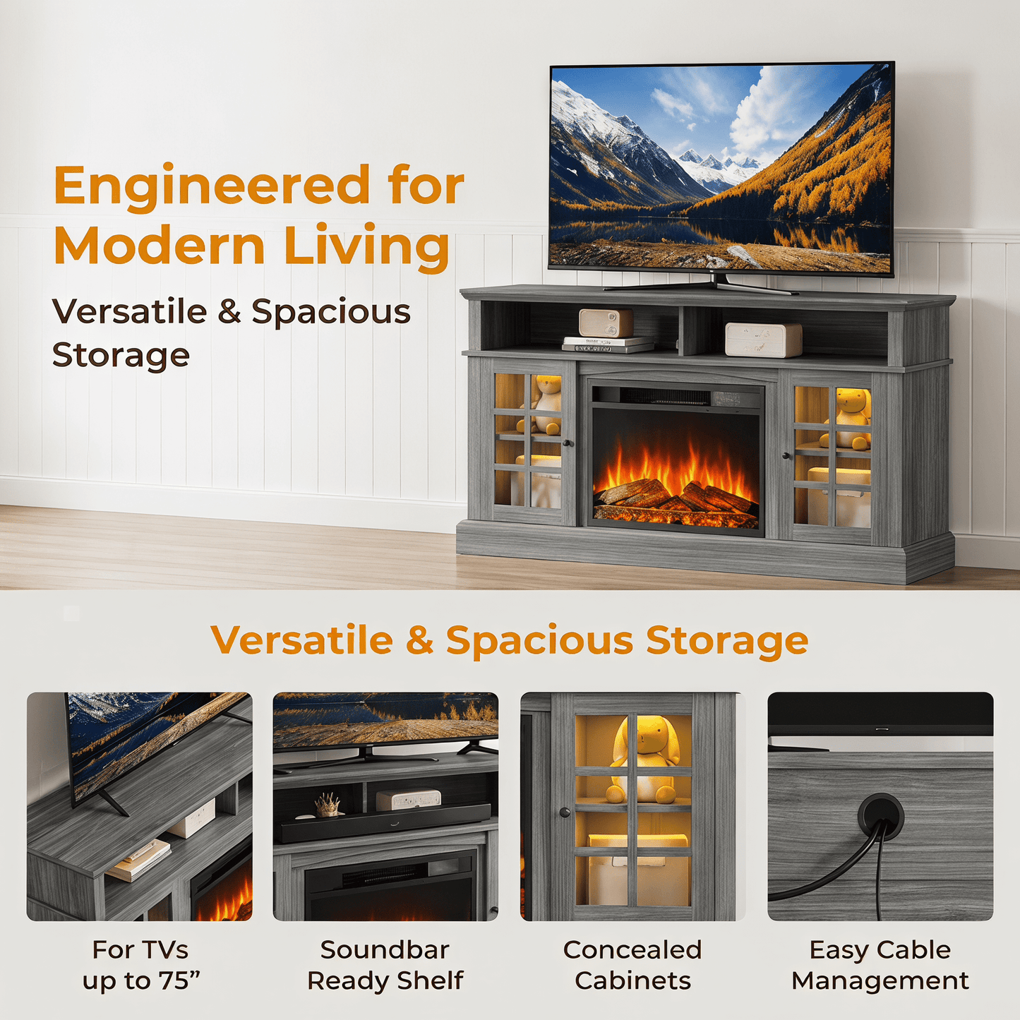 CHITOOMA Fireplace TV Stand with LED Light for up to 70 inch TV, Gray