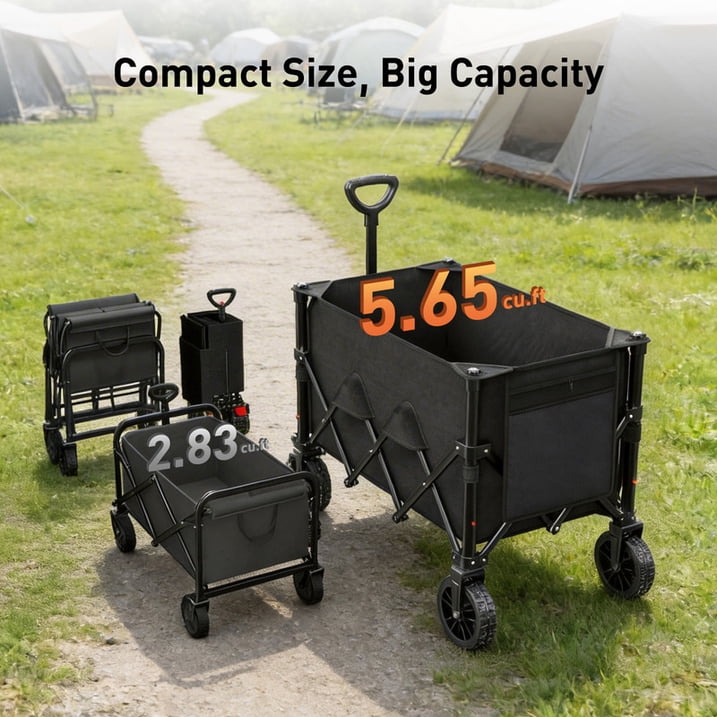 CHITOOMA Wagon Cart Foldable, 350LBS Collapsible Wagon, 160L Large Capacity Utility Cart with Side Pocket for Camping, Shopping & Outdoor Activities