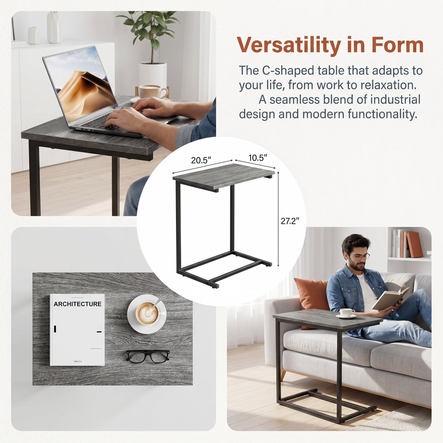 C Shaped End Table 2 PCS,C-Table for sofa,Side Table for Bedroom, Living Room, Home Office,Gray