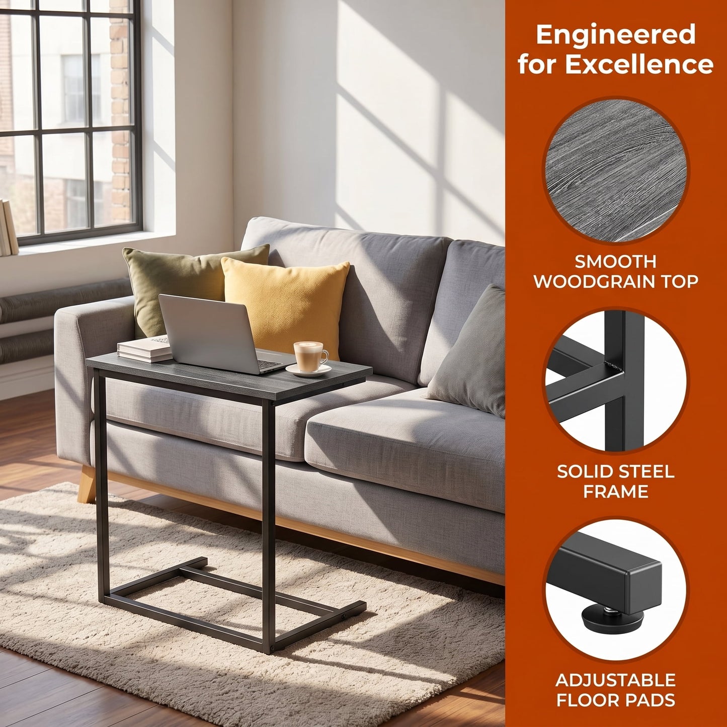 C Shaped End Table 2 PCS,C-Table for sofa,Side Table for Bedroom, Living Room, Home Office,Gray