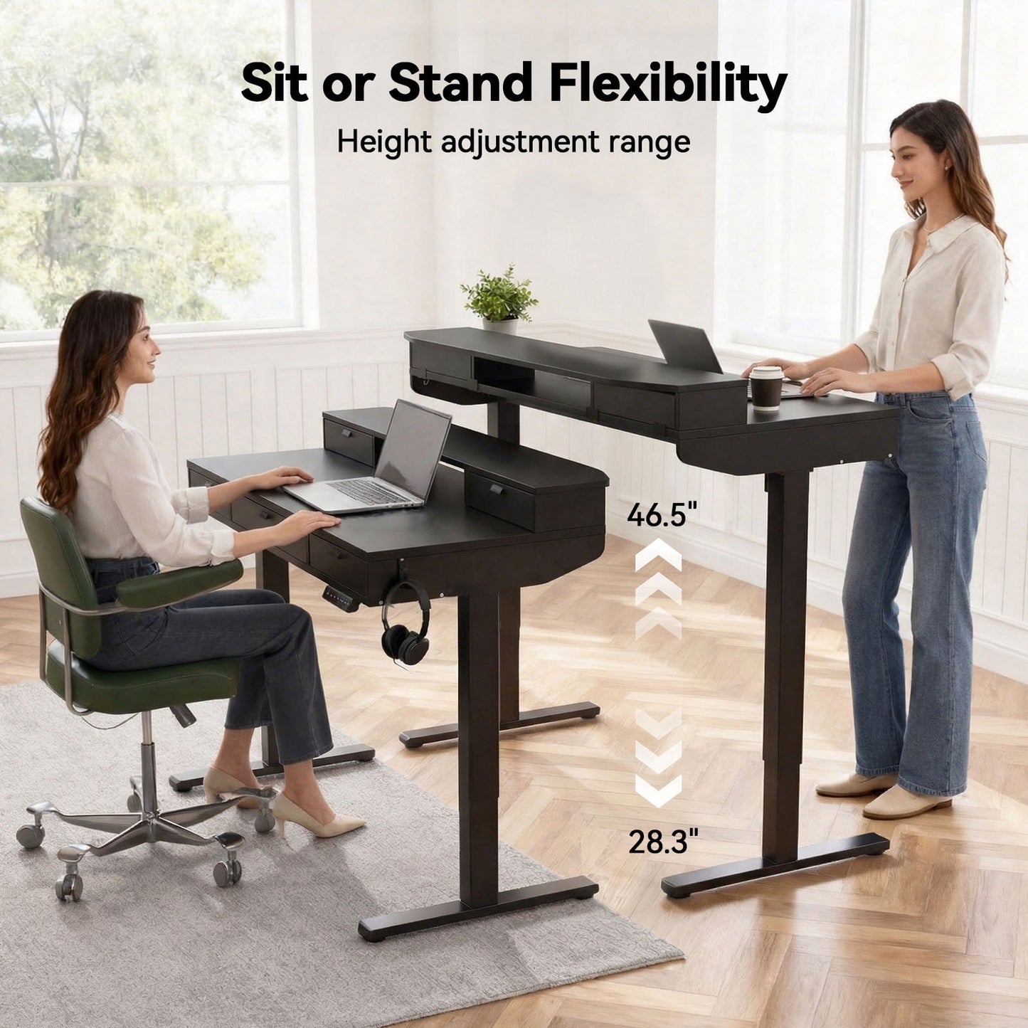 CHITOOMA 48″ x 24″ Standing Desk with Drawers, Electric Height Adjustable Sit Stand Desk with Storage Shelf,black
