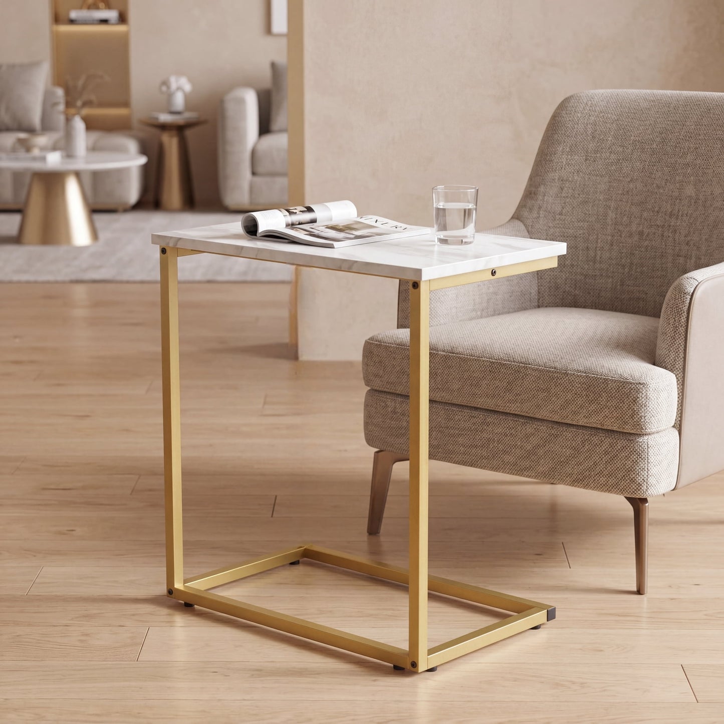 C Shaped End Table, Vintage Side Table for Couch, Laptop, Coffee, Snack, Sofa Side End Table C Shape for Living Room, 27"(H) x 19.7"(W) x 12.6"(D), Marble