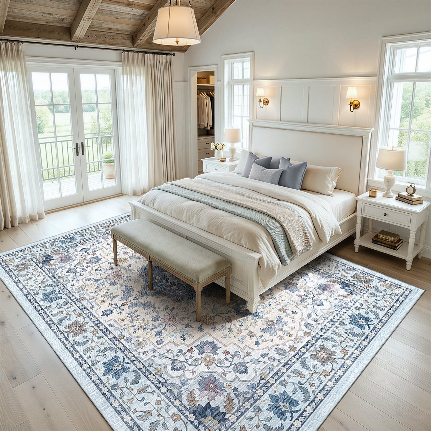 CHITOOMA 8'x10' Area Rugs for Living Room, Boho Machine Washable Floral Area Rug with Non-Slip Backing, Stain Resistant Non-Shed Carpet for Bedroom, Dining Room, Dorm, Office