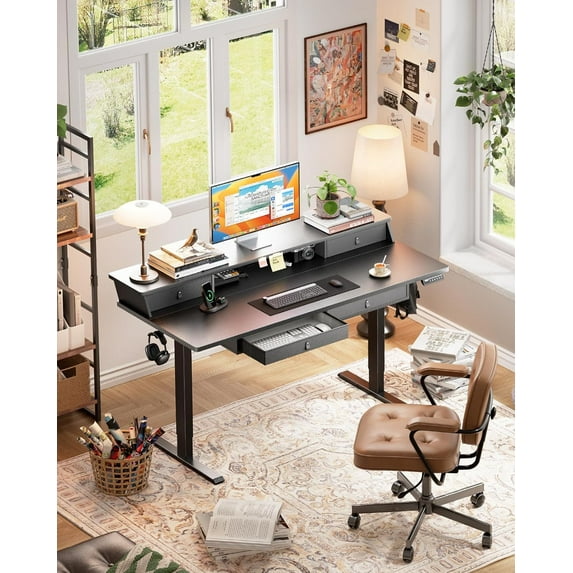 CHITOOMA 63″ x 30″ Standing Desk with Drawers, Electric Height Adjustable Sit Stand Desk with Storage Shelf, 4 Memory Preset Computer Desk with Cable Management Tray for Home Office, Black