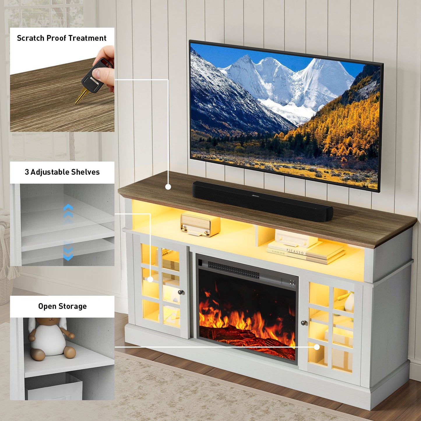 Electric Fireplace TV Stand up to 75" TVs, Farmhouse Entertainment Center with LED Light and 23" Fireplace for Living Room, White