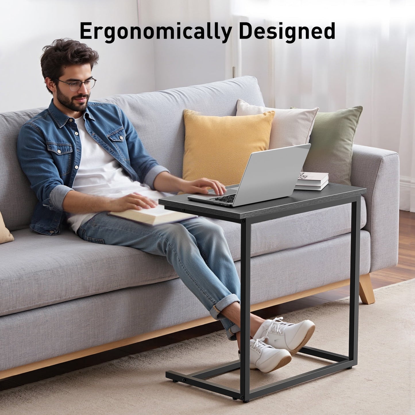 C Shaped End Table 2pcs,C-Table for sofa,Side Table for Bedroom, Living Room, Home Office,Gray