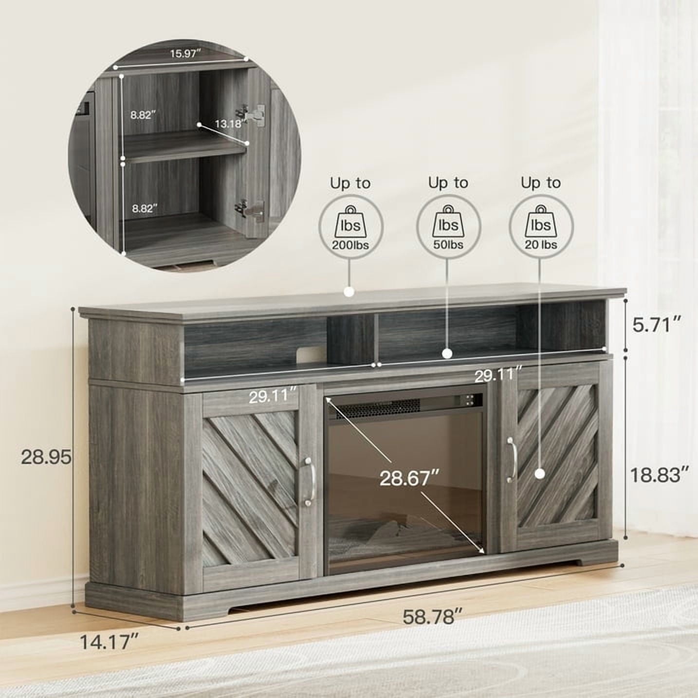 CHITOOMA Electric Fireplace TV Stand for 65 70 75 inch TV with Remote Control, Farmhouse Entertainment Center with 23″ Fireplace for Living Room, Bedroom,Gray