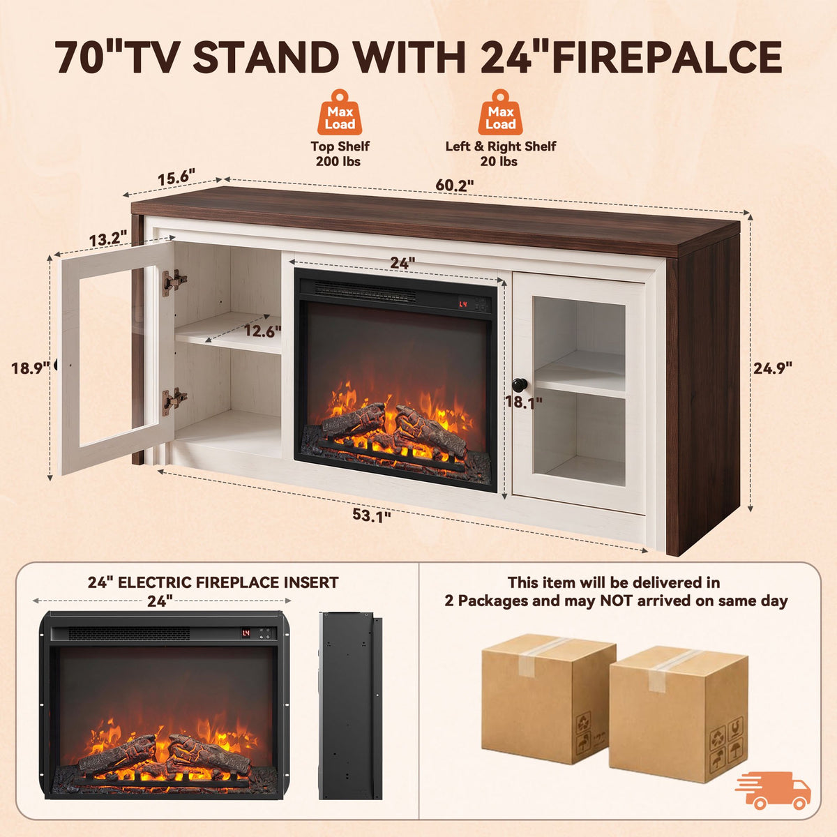 Modern Fireplace TV Stand with 24" Electric Fireplace up to 70" TV, Fireplace TV Console with Glass Barn Doors & Adjustable Shelf, 5100BTU, White