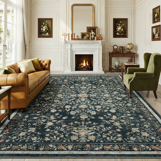 CHITOOMA 8'x10' Boho Area Rugs for Living Room, Machine Washable Floral Area Rug with Non-Slip Backing, Stain Resistant Non-Shed Carpet for Bedroom, Dining Room, Dorm, Office