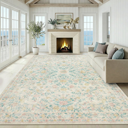 CHITOOMA 8'x10' Machine-washable Area Rugs for Living Room, Boho Floral Area Rugs with Non-Slip Backing, Stain Resistant Non-Shed Carpet for Bedroom, Dining Room, Dorm, Office