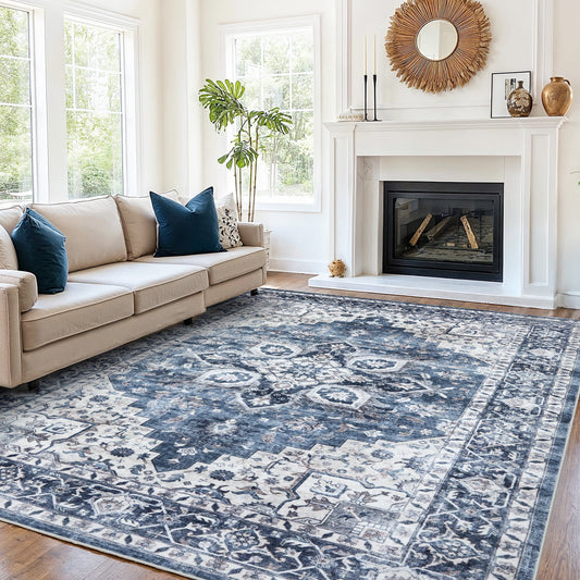 CHITOOMA 9'x12' Area Rugs for Living Room, Machine Washable Rugs Vintage Area Rug for Bedroom Dining Room Dorm Office with Non-Slip Backing, Stain Resistant Non-Shed Carpet