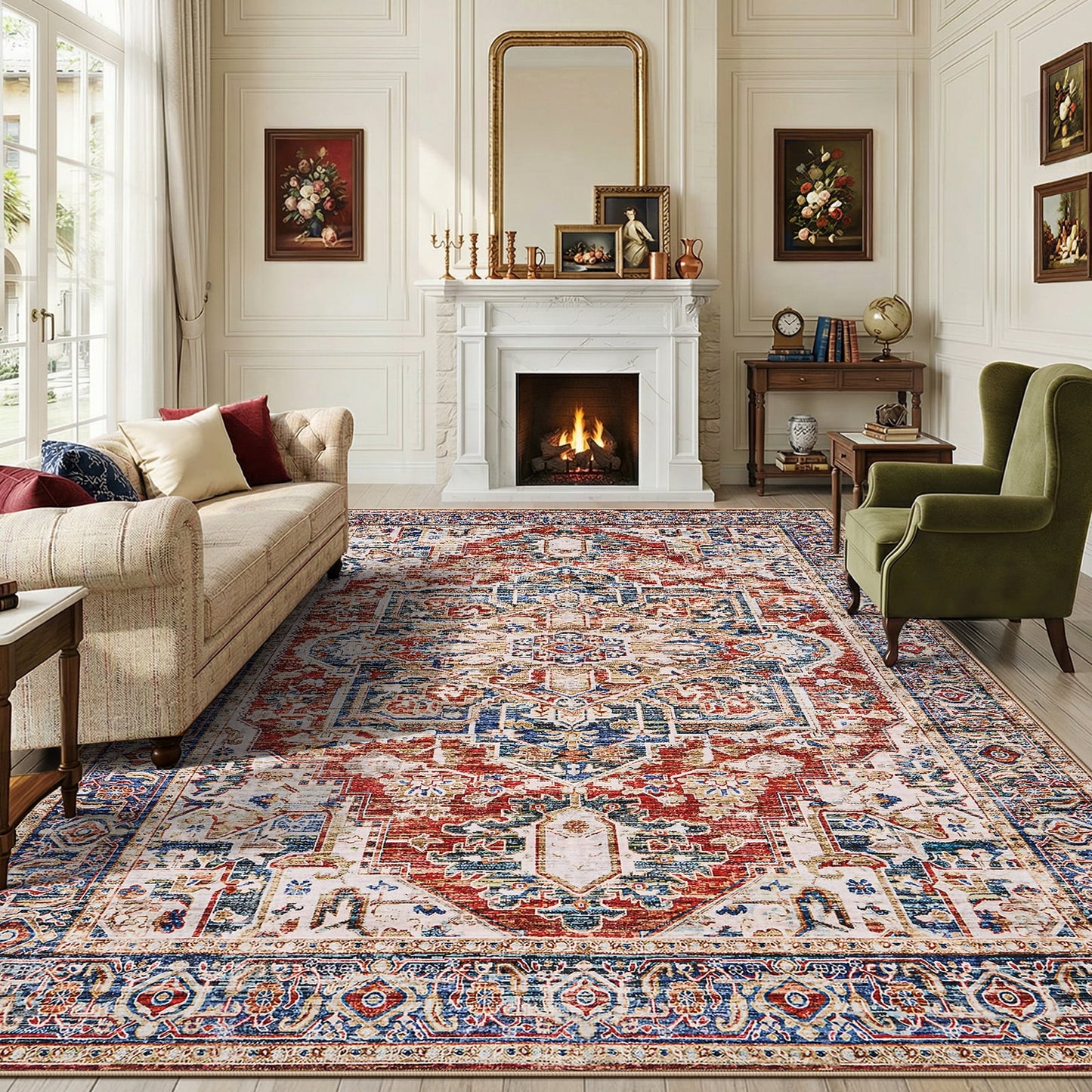 8'x10' Boho Area Rugs for Living Room, Machine Washable Area Rug with Non-Slip Backing, Stain Resistant Non-Shed Carpet for Bedroom, Dining Room, Dorm, Office