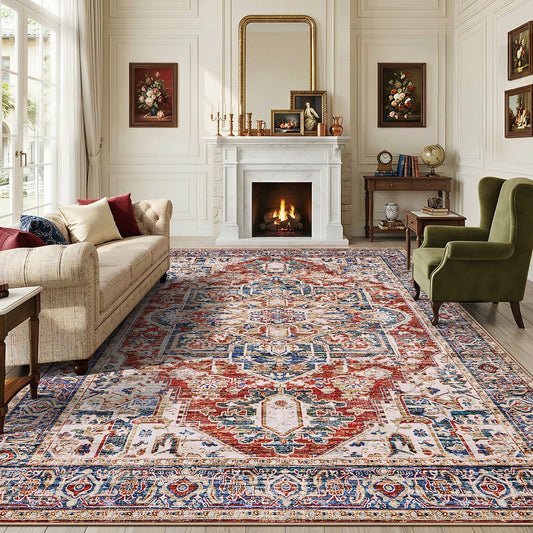 8'x10' Boho Area Rugs for Living Room, Machine Washable Area Rug with Non-Slip Backing, Stain Resistant Non-Shed Carpet for Bedroom, Dining Room, Dorm, Office