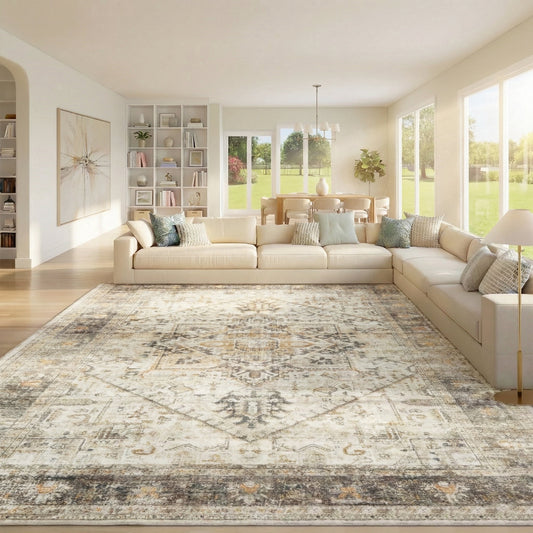 CHITOOMA 9'x12' Boho Area Rugs for Living Room, Machine Washable Area Rug with Non-Slip Backing, Stain Resistant Non-Shed Carpet for Bedroom, Dining Room, Dorm, Office