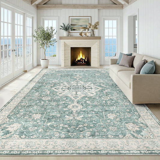 CHITOOMA 8'x10' Boho Area Rugs for Living Room, Machine Washable Floral Area Rug with Non-Slip Backing, Stain Resistant Non-Shed Carpet for Bedroom, Dining Room, Dorm, Office