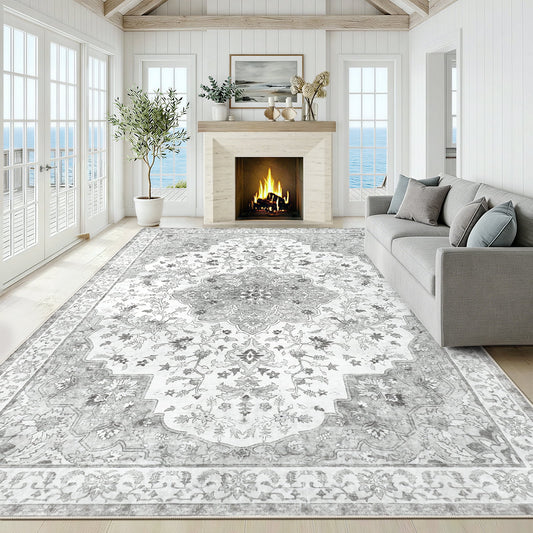 CHITOOMA 8'x10' Machine-washable Area Rugs for Living Room, Boho Floral Area Rugs with Non-Slip Backing, Stain Resistant Non-Shed Carpet for Bedroom, Dining Room, Dorm, Office