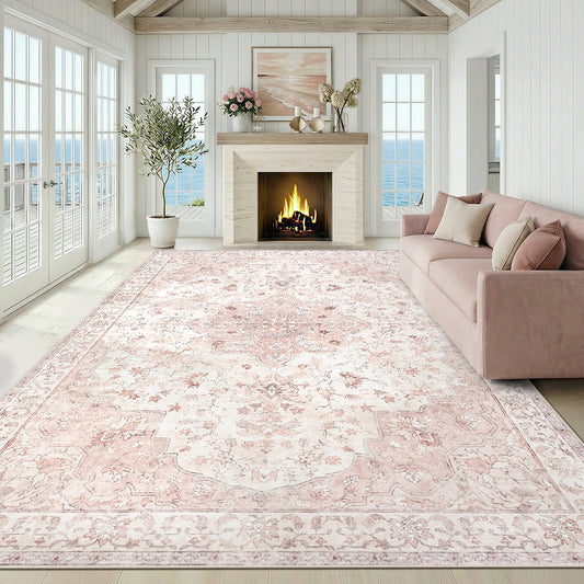 CHITOOMA 8'x10' Machine-washable Area Rugs for Living Room, Stain Resistant Non-Shed Carpet, Boho Floral Area Rugs with Non-Slip Backing for Bedroom, Dining Room, Dorm, Office