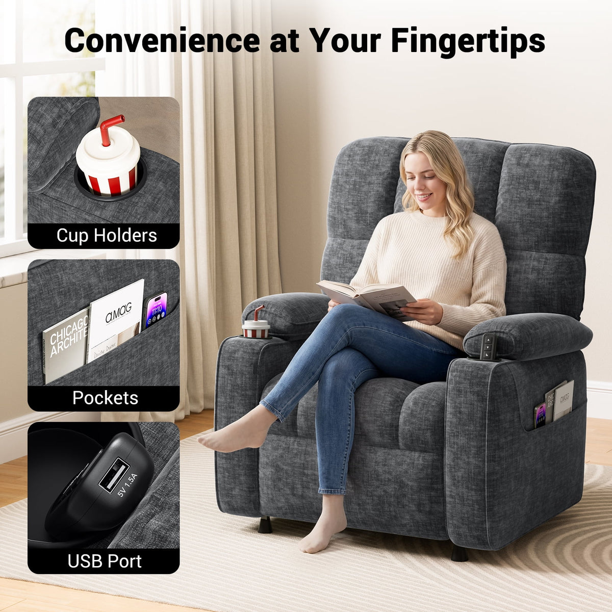 CHITOOMA Power Recliner Chair for Adults, Zero Gravity Electric Reclining Sofa with USB Port, Cup Holder & Side Pockets, Chenille Fabric, Dark Gray