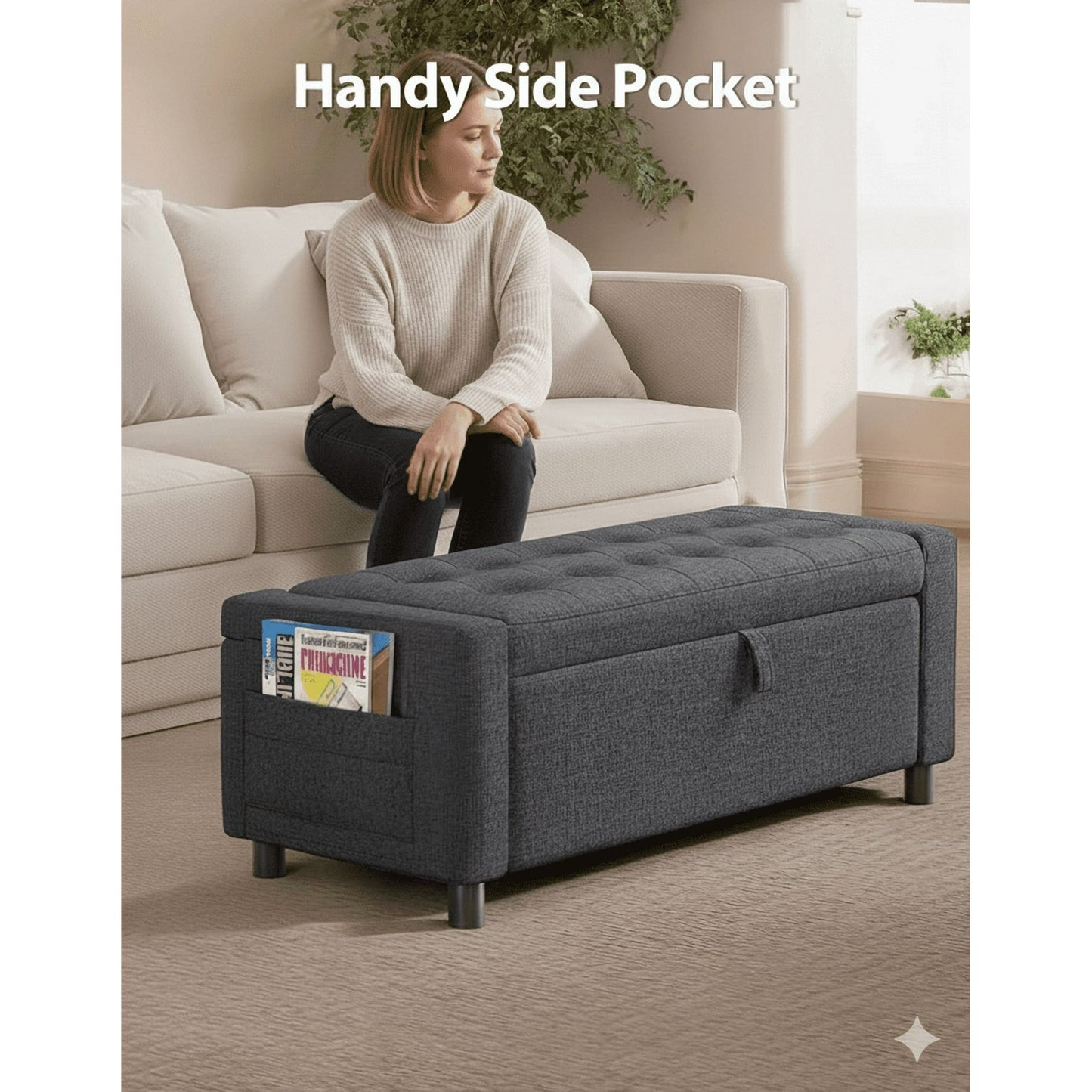 46" Storage Ottoman Bench, 3.14" Thicker Upholstered End of Bed Bench with Folding Cover, Side Pocket, 400lb Capacity, for Living Room, Bedroom, Beige