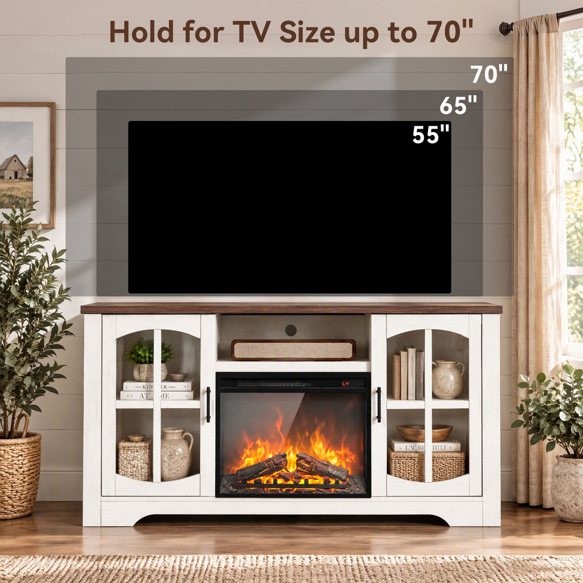 CHITOOMA Electric Fireplace TV Stand for 70" TVs with Glass Barn Doors, Farmhouse Entertainment Console with 23" Electric Fireplace, Holds up to 200 lbs, White