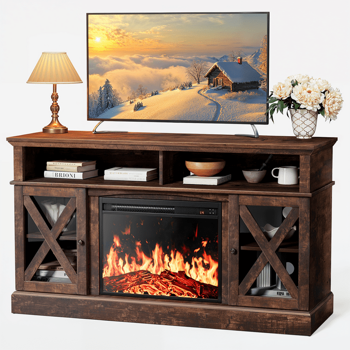 Electric Fireplace TV Stand for 75 inch TVs Farmhouse TV Console with 23″ Fireplace, Gray