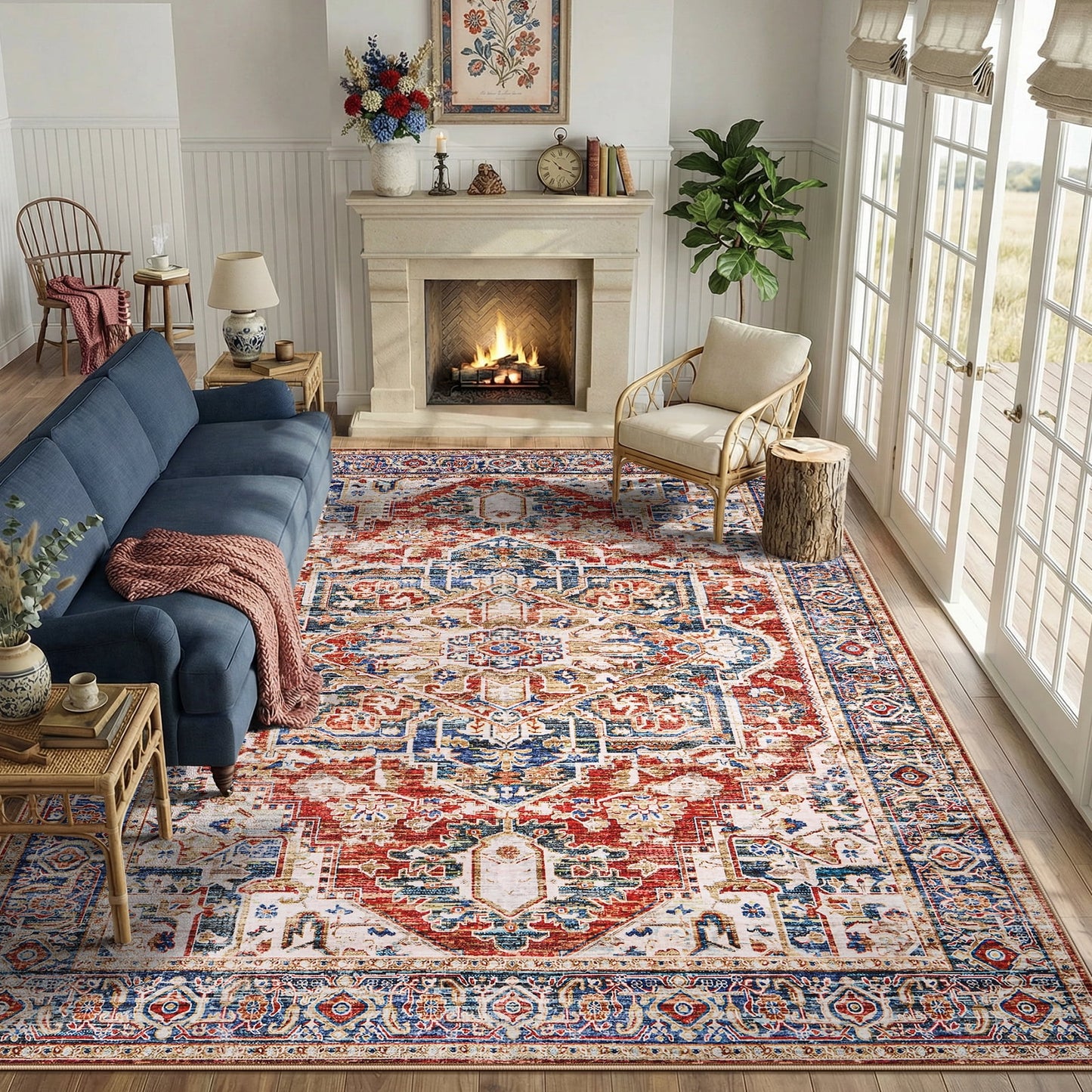 8'x10' Boho Area Rugs for Living Room, Machine Washable Area Rug with Non-Slip Backing, Stain Resistant Non-Shed Carpet for Bedroom, Dining Room, Dorm, Office