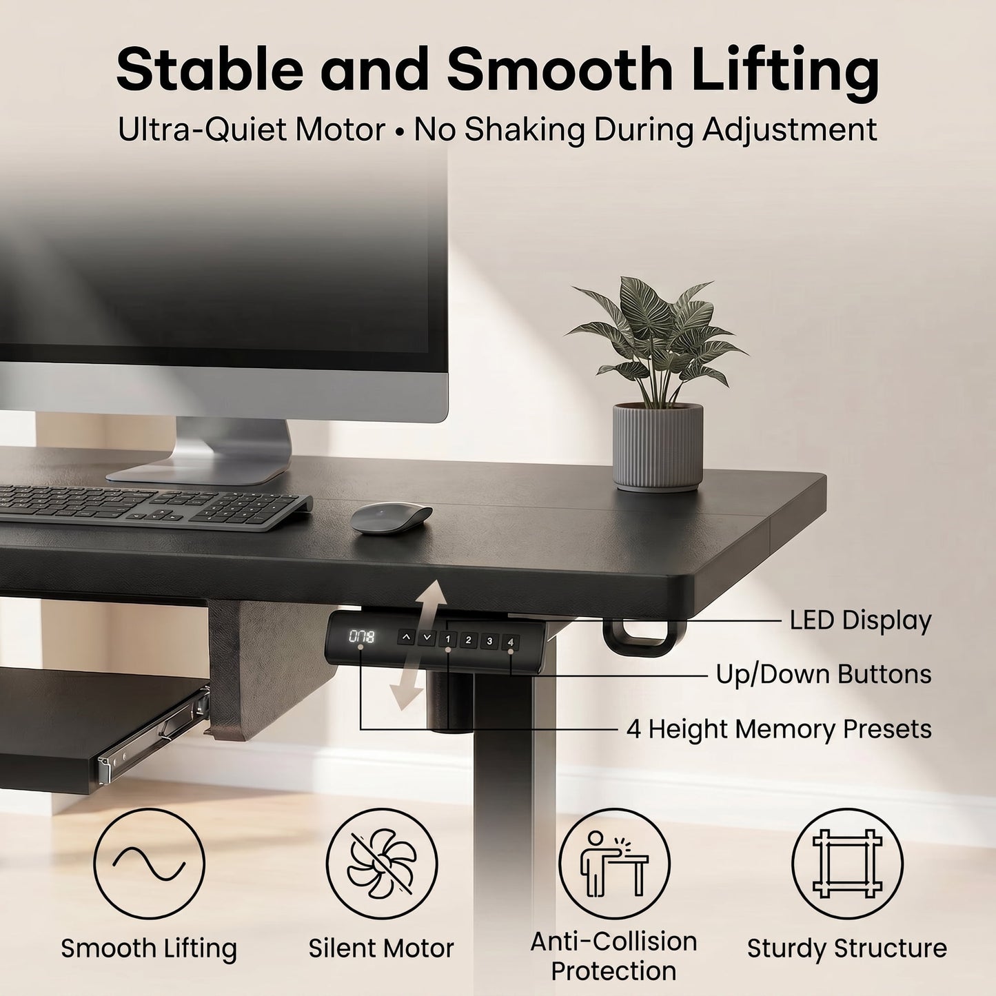 CHITOOMA Electric Standing Desk with Keyboard Tray, 48" x 24" Height Adjustable Sit Stand up Desk with Headphone Hook & 4 Height Memory Pre-Set for Home Office, Black