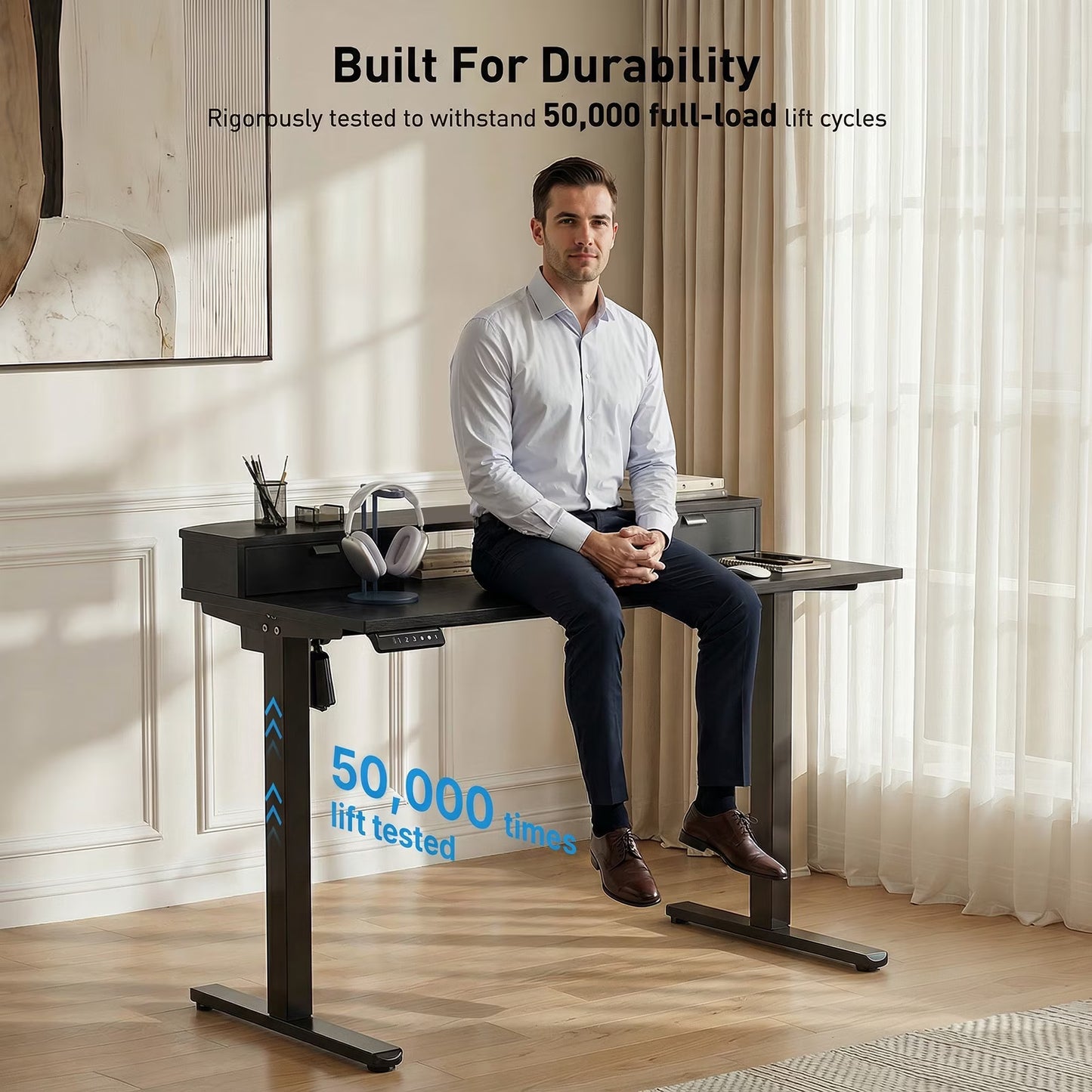 CHITOOMA 48″ x 24″ Standing Desk with Drawers, Electric Height Adjustable Sit Stand Desk with Storage Shelf, Black
