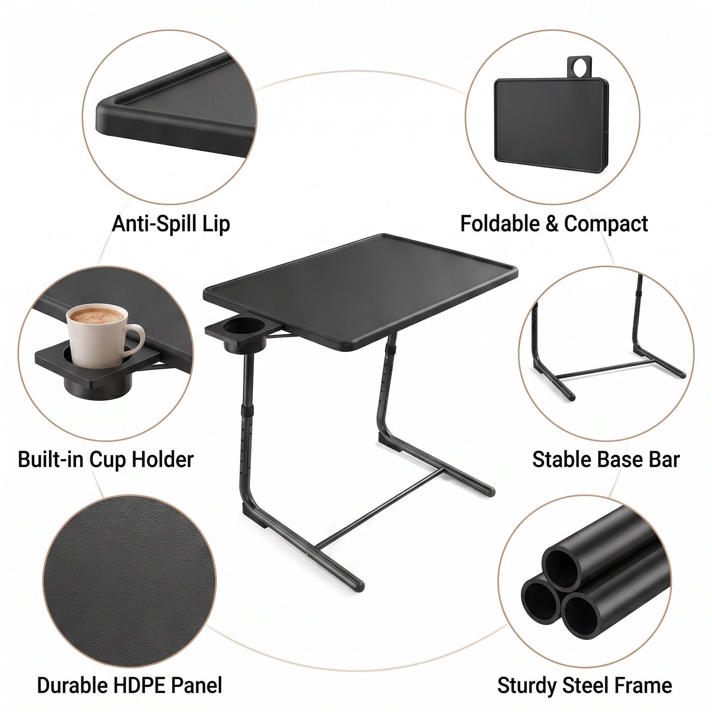 PERLESMITH Adjustable Height TV Tray, Folding Table Trays with Cup Holder, 6 Height & 3 Tilt Angle for Couch, Sofa and Bed, Black