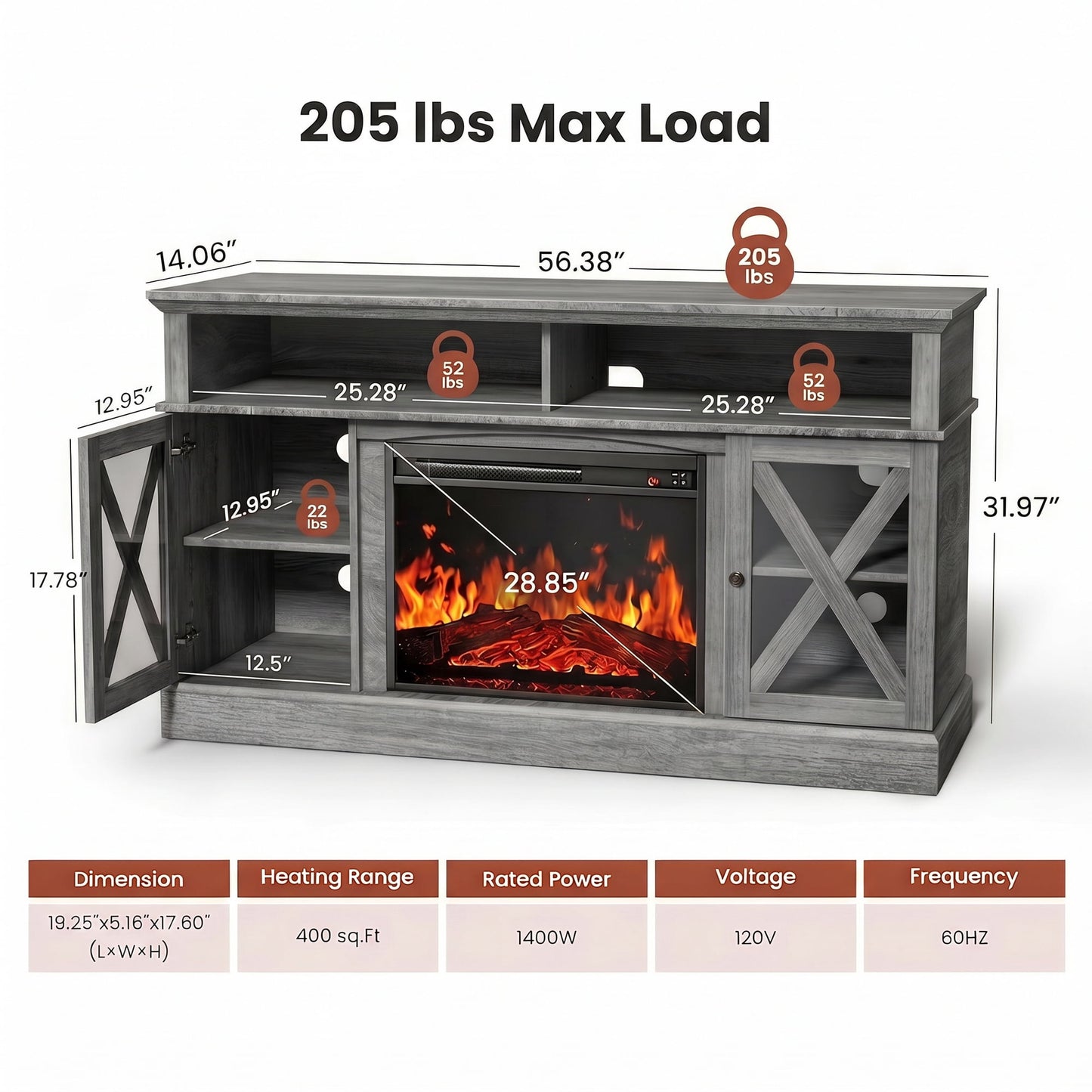 Electric Fireplace TV Stand for 75 inch TVs Farmhouse TV Console with 23″ Fireplace, Gray