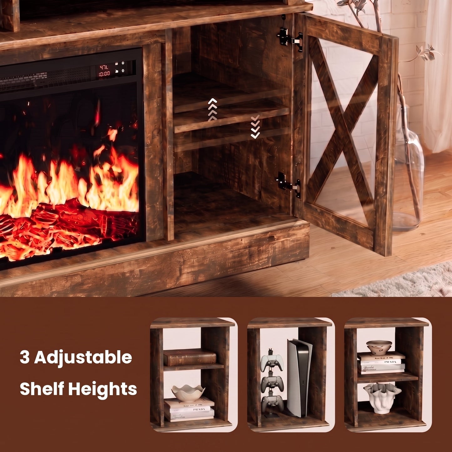 Electric Fireplace TV Stand for 75 inch TVs Farmhouse TV Console with 23″ Fireplace, Vintage Brown