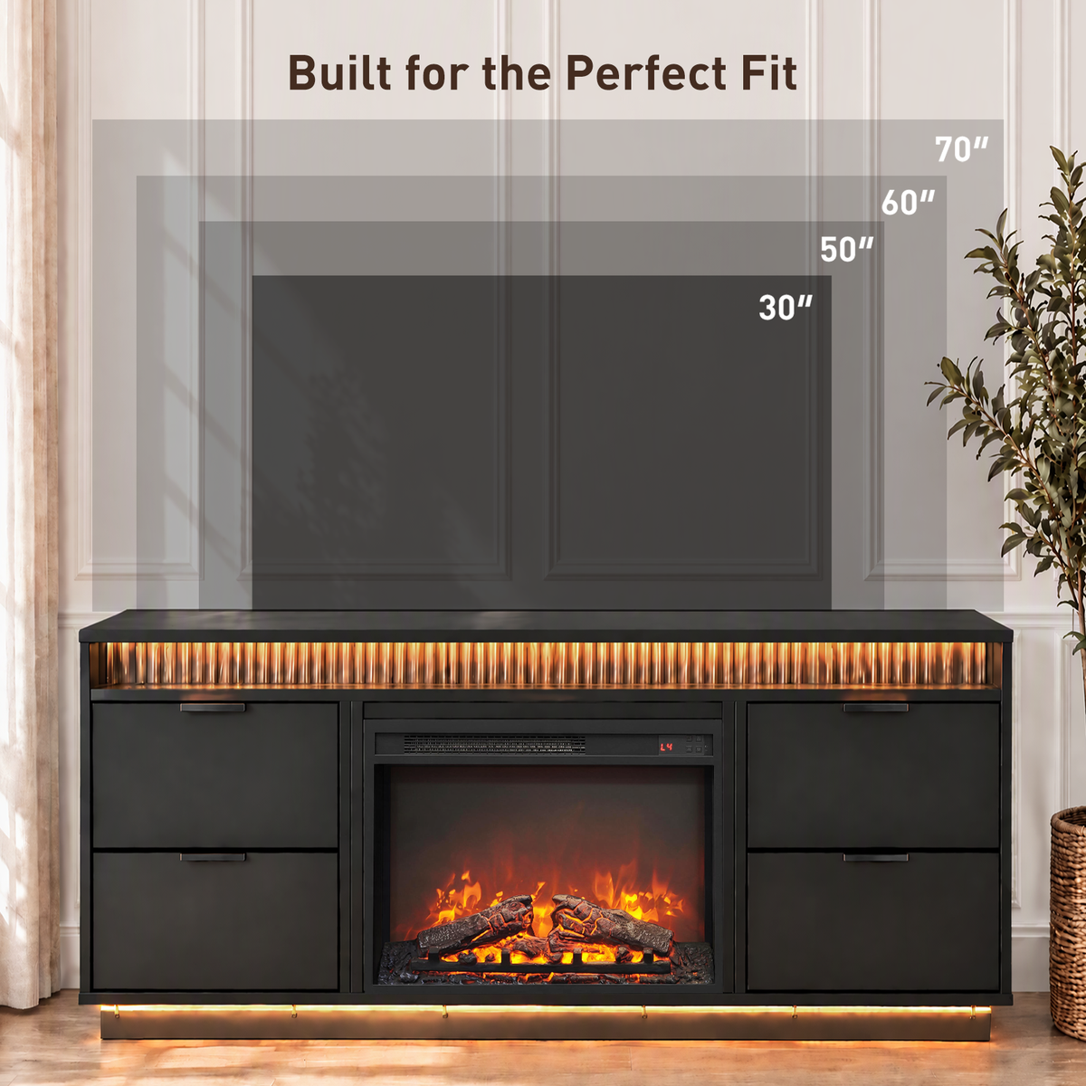 CHITOOMA Electric Fireplace TV Stand for up to 70" with 60000 RGB LED Light, Entertainment Center Console Table with 4 Large Drawers, Black