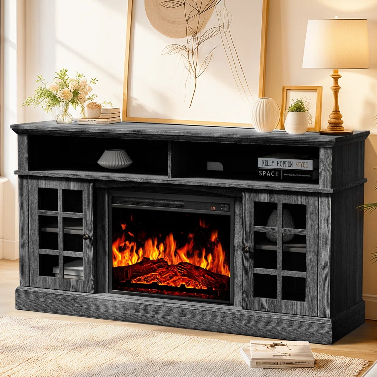 Electric Fireplace TV Stand for 75″ TVs Fireplace Entertainment Center TV Console Table with 23″ Fireplace, Holds up to 200 lbs