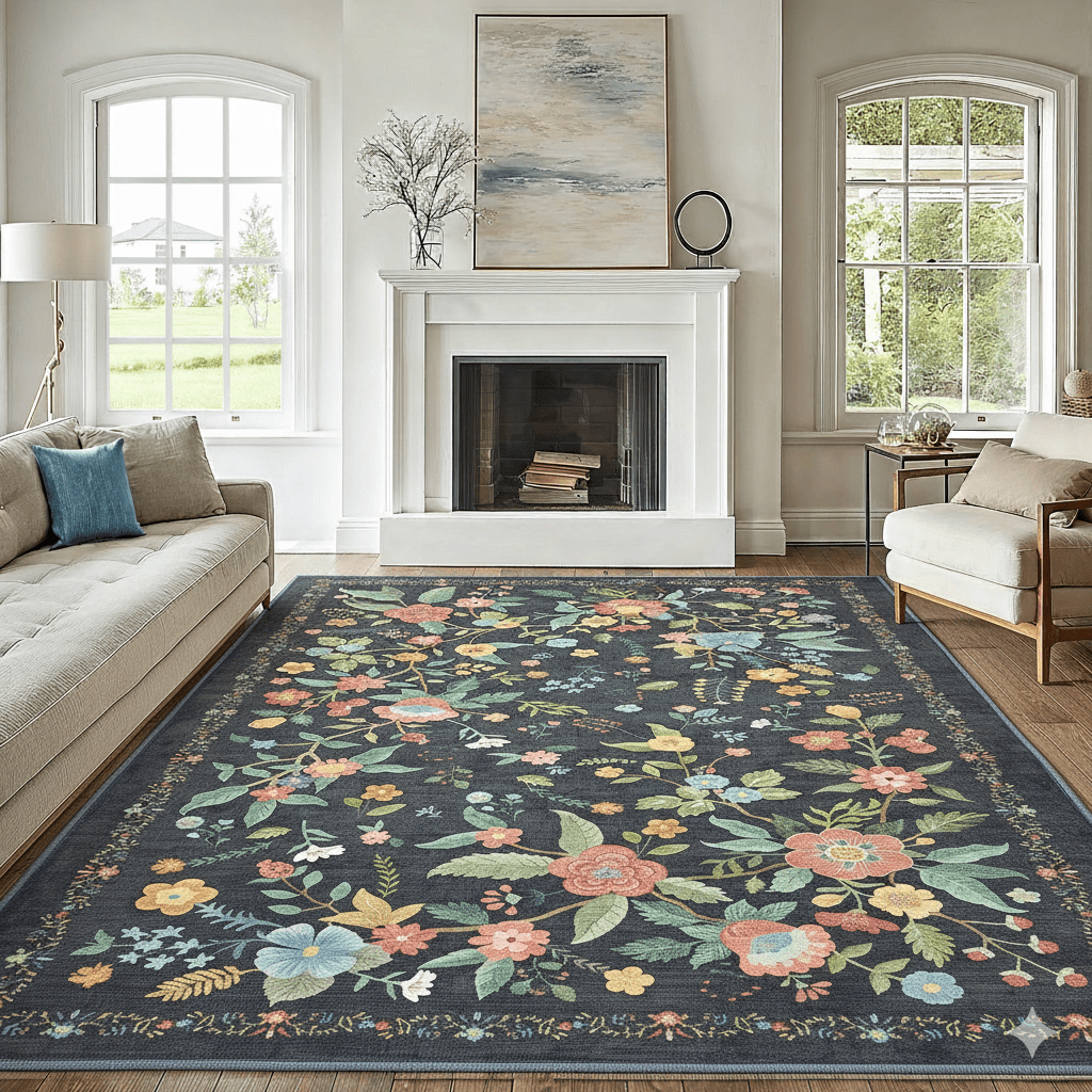 CHITOOMA 5'x7' Area Rugs for Living Room, Modern Floral Area Rugs Machine Washable Rugs, Botanical Indoor Carpet Soft Rugs for Bedroom Dining Room Dorm Office, Black