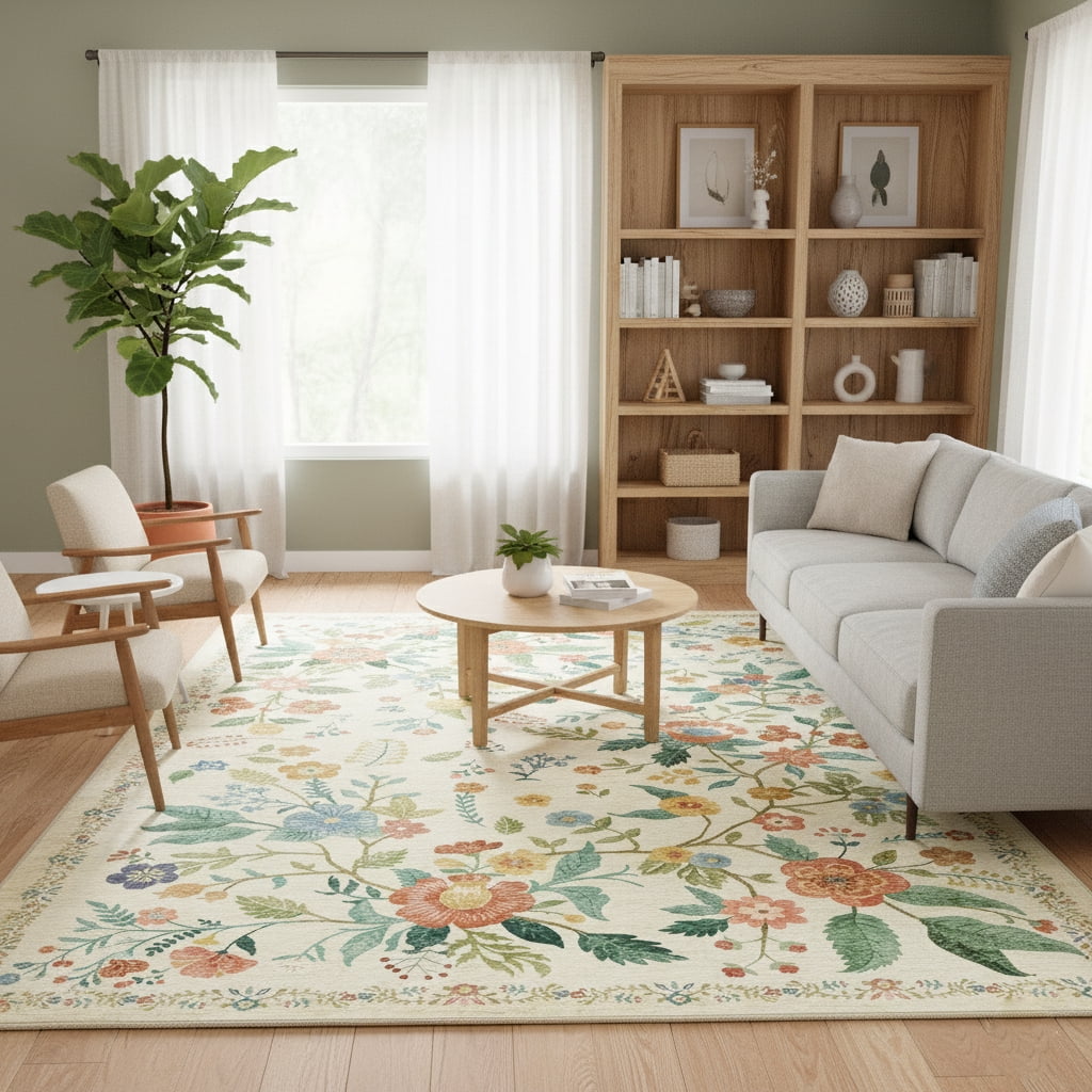 CHITOOMA 5'x7' Area Rugs for Living Room, Modern Floral Area Rugs Machine Washable Rugs, Botanical Indoor Carpet Soft Rugs for Bedroom Dining Room Dorm Office, Beige