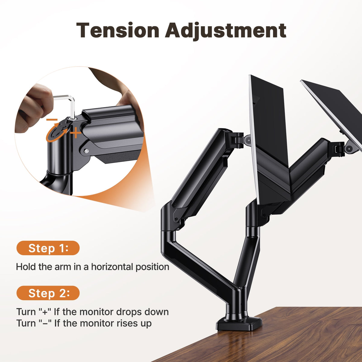 Dual Monitor Mount Stand for 13”-33" Screens, 360° Heavy Duty Adjustable Gas Spring Arm Desk Mount with Tilt, Swivel, Rotation, VESA 100x100, 75x75, Holds Up to 22lbs per Monitor Arm
