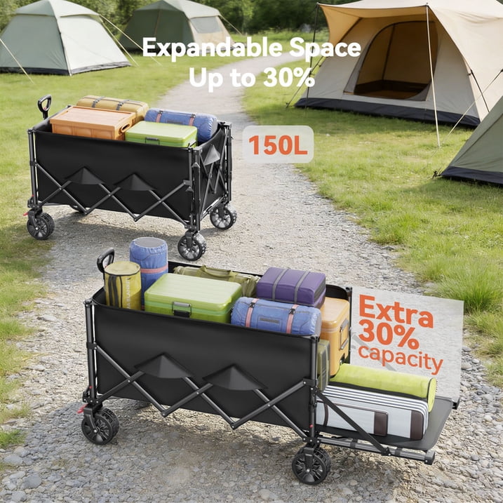CHITOOMA Wagon Cart Foldable, 360LBS Expandable Utility Wagon for Outdoor & Home Use, 150L Collapsible Grocery Cart with Cup Holders