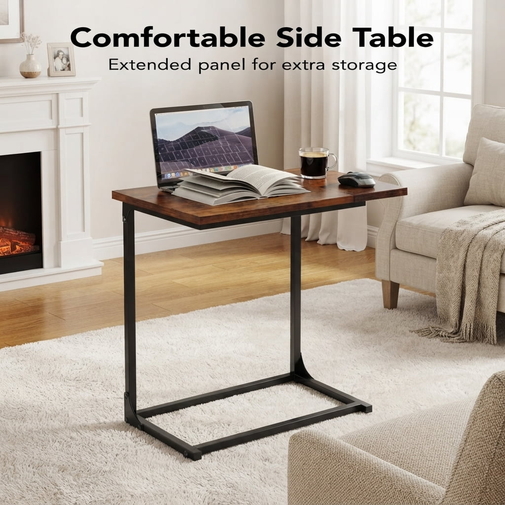C Shaped End Sofa Table, Widened Vintage End Table Side Table for Living Room, Bedroom, 27"(H) x 21.1"(W) x 11.4"(D), Brown
