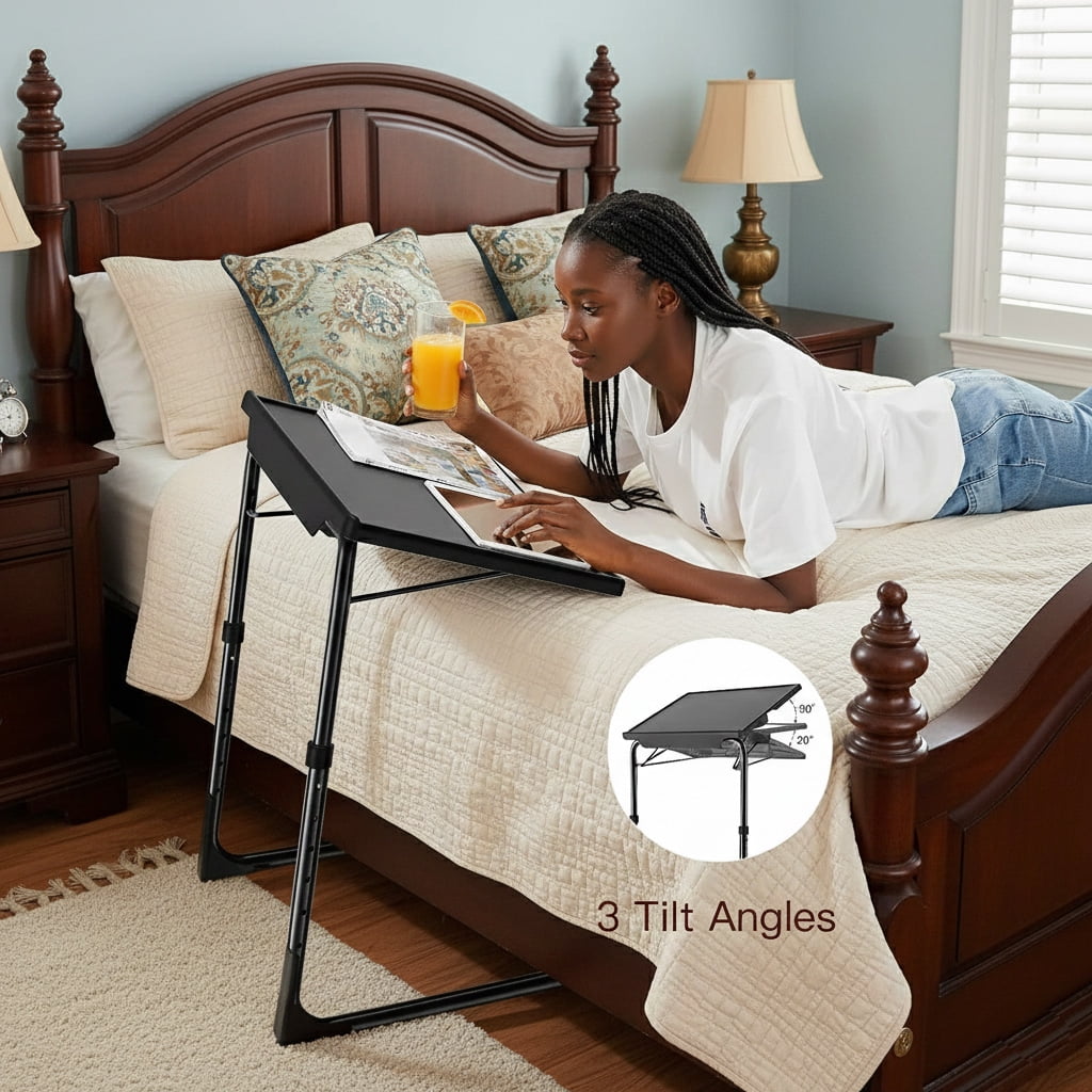 CHITOOMA Adjustable Folding TV Tray with 6 Heights and 3 Tilt Angles, Black